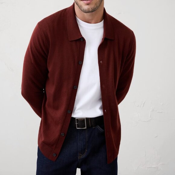 Banana Republic Factory Merino Wool Button-Through Polo Sweater, Medium, Rust - Picture 1 of 1